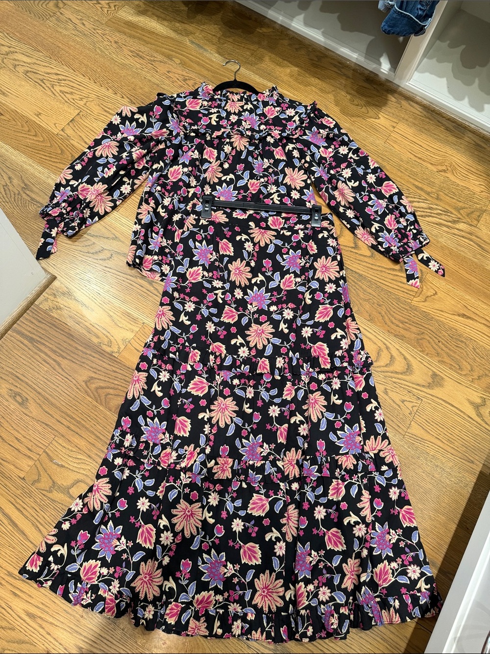 Floral Black Top & Skirt with Pink & Purple Blooms